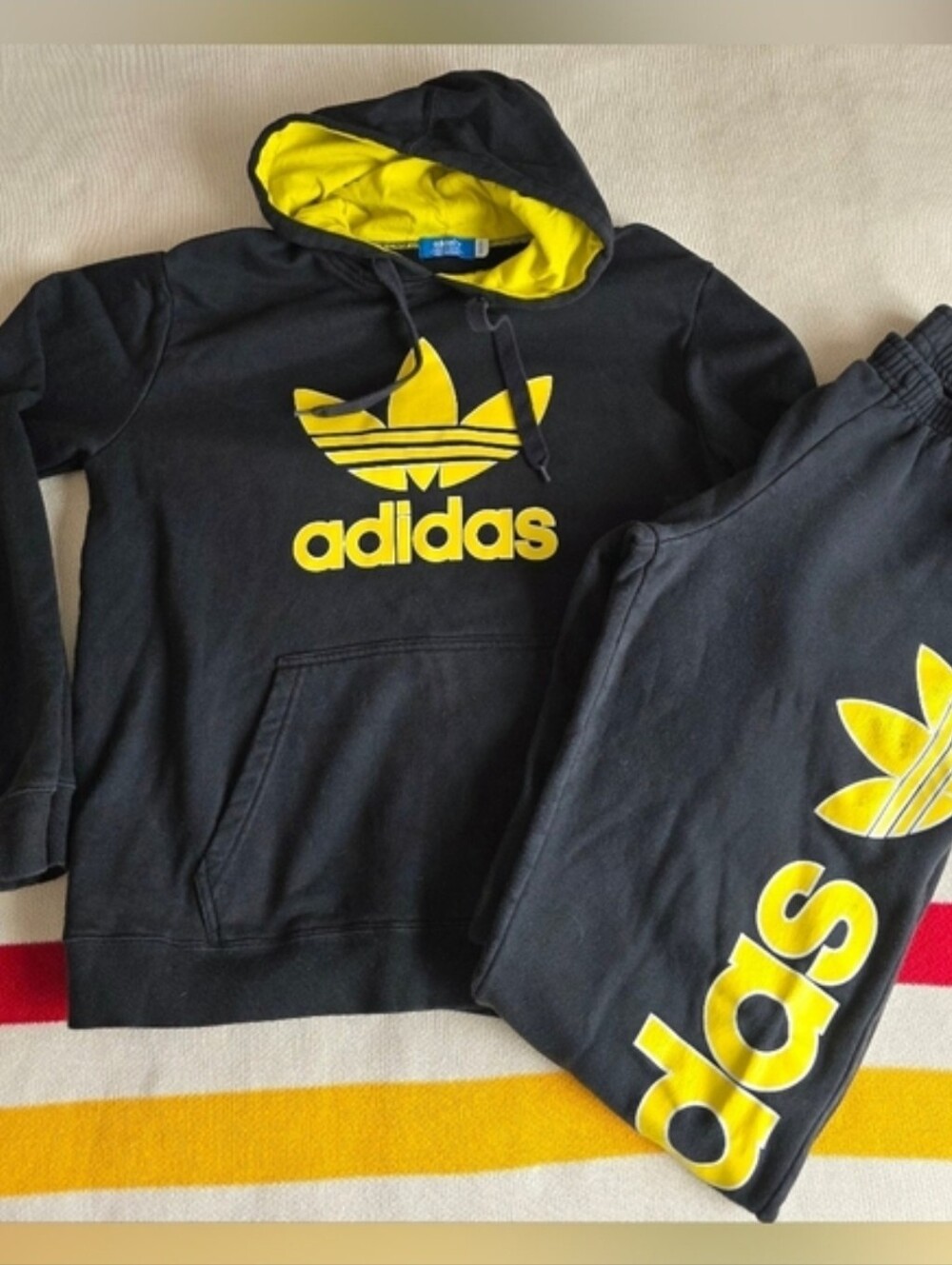 Adidas Vintage Black/Yellow Trefoil Hoodie Track Pants Set